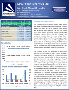 The Colombo Bourse Re-Entered Into the Green Terrain Market Statistics 18Th Nov 15Th Nov and Closed the Trading Date on a Positive Note