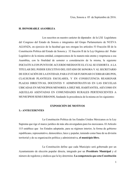 Ures, Sonora a 05 De Septiembre De 2016. H. HONORABLE ASAMBLEA