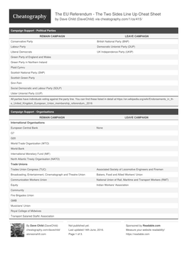 The EU Referendum - the Two Sides Line up Cheat Sheet by Dave Child (Davechild) Via Cheatography.Com/1/Cs/415