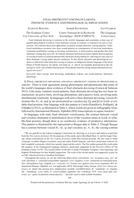 FINAL OBSTRUENT VOICING in LAKOTA: PHONETIC EVIDENCE and PHONOLOGICAL IMPLICATIONS Juliette Blevins Ander Egurtzegi Jan Ullrich