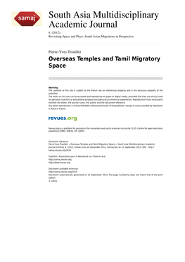 Overseas Temples and Tamil Migratory Space