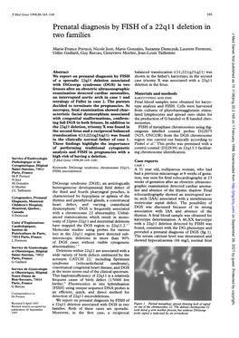 Prenatal Diagnosis by FISH of a 22Ql 1 Deletion in Two Families J Med Genet: First Published As 10.1136/Jmg.35.2.165 on 1 February 1998