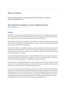 Times of India the Nobel Foundation Versus Michael Nobel