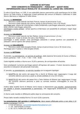 Comune Di Rittana Xxxv Concerto Di Ferragosto – Paraloup – Quiot Rosa Informazioni Sulle Modalita’ Di Accesso Al Luogo Del Concerto