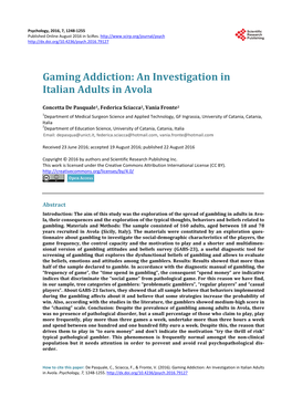 Gaming Addiction: an Investigation in Italian Adults in Avola