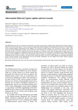 Alien Marine Fishes in Cyprus: Update and New Records