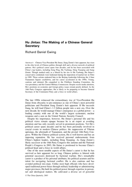 Hu Jintao: the Making of a Chinese General Secretary Richard Daniel