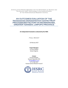 AN OUTCOMES EVALUATION of the Nkowankowa Demonstration Centre FRUIT PROCESSORS FACTORY in NKOWANKOWA, GREATER TZANEEN, LIMPOPO PROVINCE