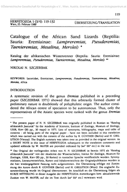 Catalogue of the African Sand Lizards (Reptilia: Sauria: Eremiainae: Lampi'eremias, Pseuderemias, Taenieremias, Mesalina, Meroles) *