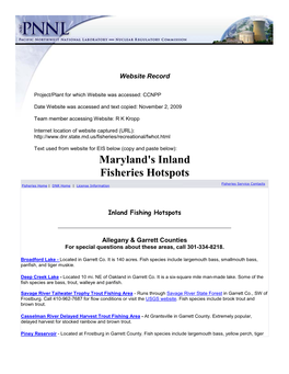 Maryland DNR Inland Fishery Hotspots. Calvert Cliffs Website