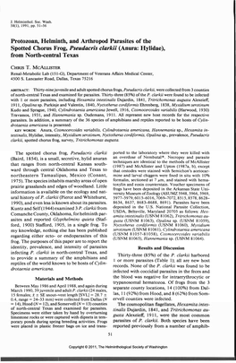 Protozoan, Helminth, and Arthropod Parasites of the Sported Chorus Frog, Pseudacris Clarkii (Anura: Hylidae), from North-Central Texas