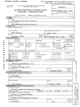 NATIONAL REGISTER of HISTORIC PLACES INVENTORY -- NOMINATION FORM Williamsburg Historic District