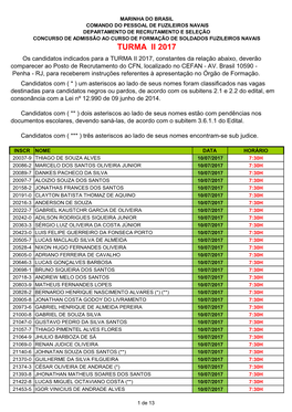 TURMA II 2017 Os Candidatos Indicados Para a TURMA II 2017, Constantes Da Relação Abaixo, Deverão Comparecer Ao Posto De Recrutamento Do CFN, Localizado No CEFAN - AV