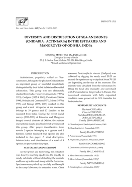 Diversity and Distribution of Sea-Anemones (Cnidaria : Actiniaria) in the Estuaries and Mangroves of Odisha, India