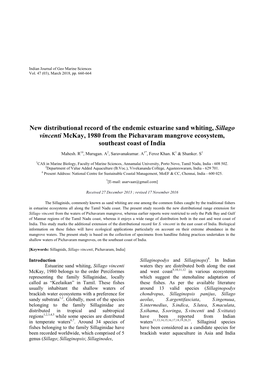 New Distributional Record of the Endemic Estuarine Sand Whiting, Sillago Vincenti Mckay, 1980 from the Pichavaram Mangrove Ecosystem, Southeast Coast of India