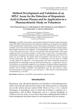 Method Development and Validation of an HPLC Assay for the Detection of Hopantenic Acid in Human Plasma and Its Application to a Pharmacokinetic Study on Volunteers