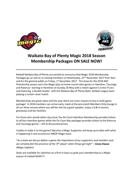 Waikato Bay of Plenty Magic 2018 Season Membership Packages on SALE NOW!