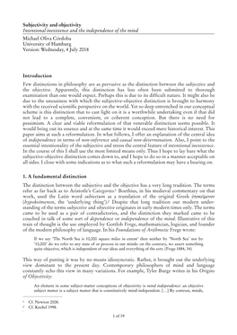 Subjectivity and Objectivity Intentional Inexistence and the Independence of the Mind Michael Oliva Córdoba University of Hamburg Version: Wednesday, 4 July 2018