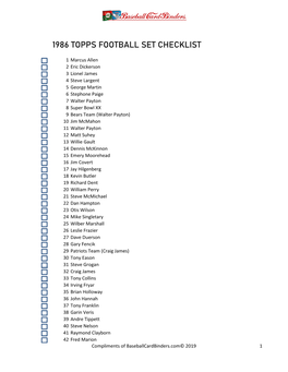 1986 Topps Football Set Checklist
