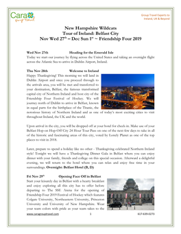 New Hampshire Wildcats Tour of Ireland: Belfast City Nov Wed 27Th – Dec Sun 1St ~ Friendship Four 2019