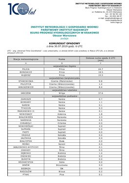 INSTYTUT METEOROLOGII I GOSPODARKI WODNEJ PAŃSTWOWY INSTYTUT BADAWCZY Biuro Prognoz Hydrologicznych W Krakowie Obszar Warszawa Ul