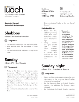 Shabbos Sunday Sunday Night