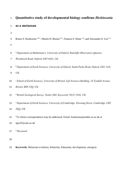 Quantitative Study of Developmental Biology Confirms Dickinsonia As a Metazoan