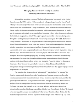 Jerzy Wieczorek—AHS Capstone Spring 2006— Final Draft of Deliverable—May 10, 2006