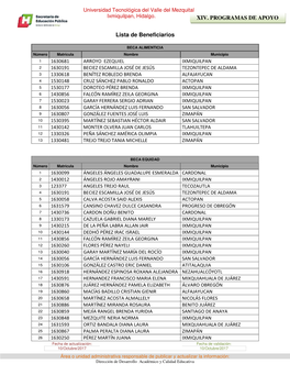 XIV. PROGRAMAS DE APOYO Lista De Beneficiarios