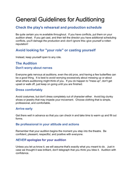 General Guidelines for Auditioning Check the Play's Rehearsal and Production Schedule