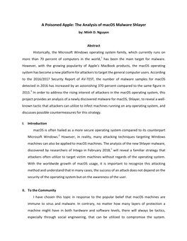 A Poisoned Apple: the Analysis of Macos Malware Shlayer By: Minh D