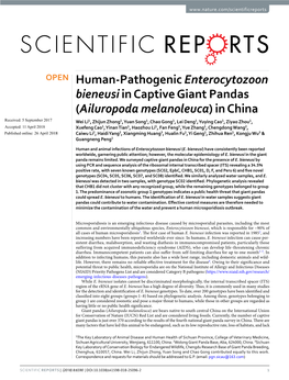 Human-Pathogenic Enterocytozoon Bieneusi in Captive Giant Pandas (Ailuropoda Melanoleuca) in China