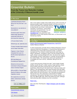 Greenlist Bulletin from the Toxics Use Reduction Institute at the University of Massachusetts Lowell