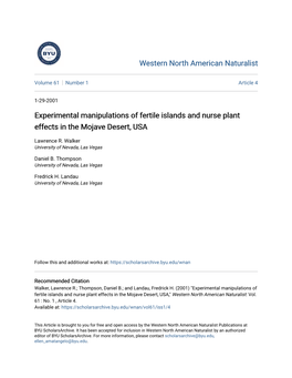 Experimental Manipulations of Fertile Islands and Nurse Plant Effects in the Mojave Desert, USA