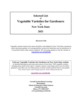 Selected List of Vegetable Varieties for Gardeners in New York State