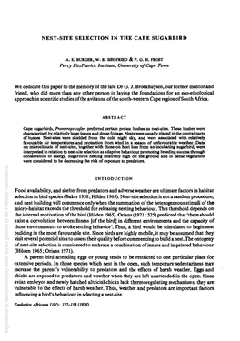 NEST-SITE SELECTION in the CAPE SUGARBIRD We Dedicate