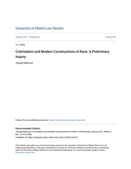 Colonialism and Modern Constructions of Race: a Preliminary Inquiry