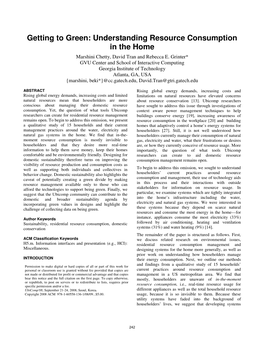 Getting to Green: Understanding Resource Consumption in the Home Marshini Chetty, David Tran and Rebecca E