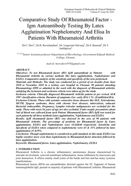 Igm Autoantibody Testing by Latex Agglutination Nephelometry and Elisa in Patients with Rheumatoid Arthritis