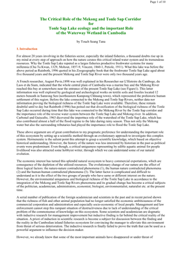 The Critical Role of the Mekong and Tonle Sap Corridor for Tonle Sap Lake Ecology and the Important Role of the Waterway Wetland in Cambodia