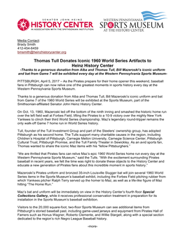 Thomas Tull Donates Iconic 1960 World Series Artifacts to Heinz