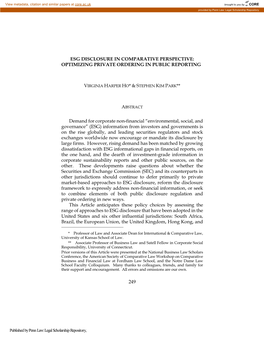 Esg Disclosure in Comparative Perspective: Optimizing Private Ordering in Public Reporting