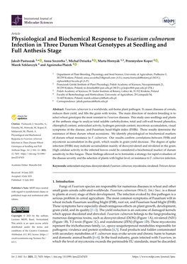 Physiological and Biochemical Response to Fusarium Culmorum Infection in Three Durum Wheat Genotypes at Seedling and Full Anthesis Stage