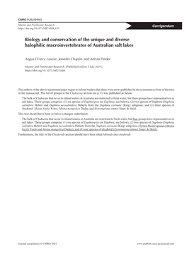 Biology and Conservation of the Unique and Diverse Halophilic Macroinvertebrates of Australian Salt Lakes