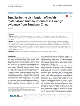 Equality in the Distribution of Health Material and Human Resources in Guangxi: Evidence from Southern China Jian Sun*