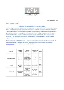 Nota Stampa 4/2019 Modalità Raccolta Differenziata Oli Esausti