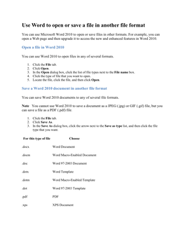 Use Word to Open Or Save a File in Another File Format