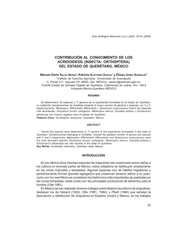Contribución Al Conocimiento De Los Acridoideos (Insecta: Orthoptera) Del Estado De Querétaro, México
