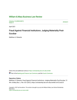 Fraud Against Financial Institutions: Judging Materiality Post- Escobar