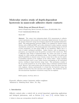 Molecular Statics Study of Depth-Dependent Hysteresis in Nano-Scale Adhesive Elastic Contacts